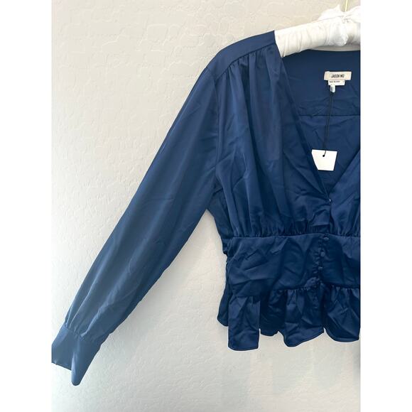 JASON WU | Navy Satin Peplum Blouse Top Long Sleeve V-Neck NWT | Size Large - Picture 4 of 7
